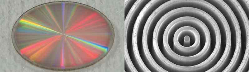 The vortex mask shown at left is made out of synthetic diamond. When viewed with a scanning electron microscope, right, the "vortex" microstructure of the mask is revealed. Image credit: University of Liège/Uppsala University 