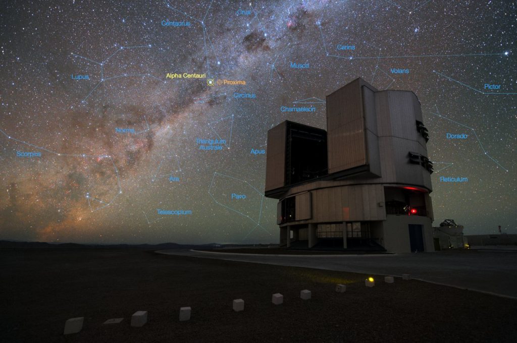 The foreground of this image shows ESO’s Very Large Telescope (VLT) at the Paranal Observatory in Chile. The rich stellar backdrop to the picture includes the bright star Alpha Centauri, the closest stellar system to Earth. In late 2016 ESO signed an agreement with the Breakthrough Initiatives to adapt the VLT instrumentation to conduct a search for planets in the Alpha Centauri system. Such planets could be the targets for an eventual launch of miniature space probes by the Breakthrough Starshot Initiative. Credit: ESO