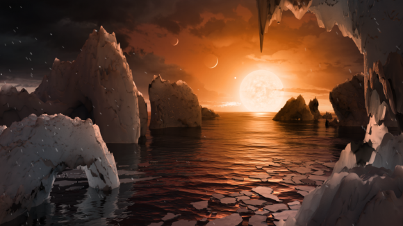 Illustration showing the possible surface of TRAPPIST-1f, one of the newly discovered planets in the TRAPPIST-1 system. Credits: NASA/JPL-Caltech