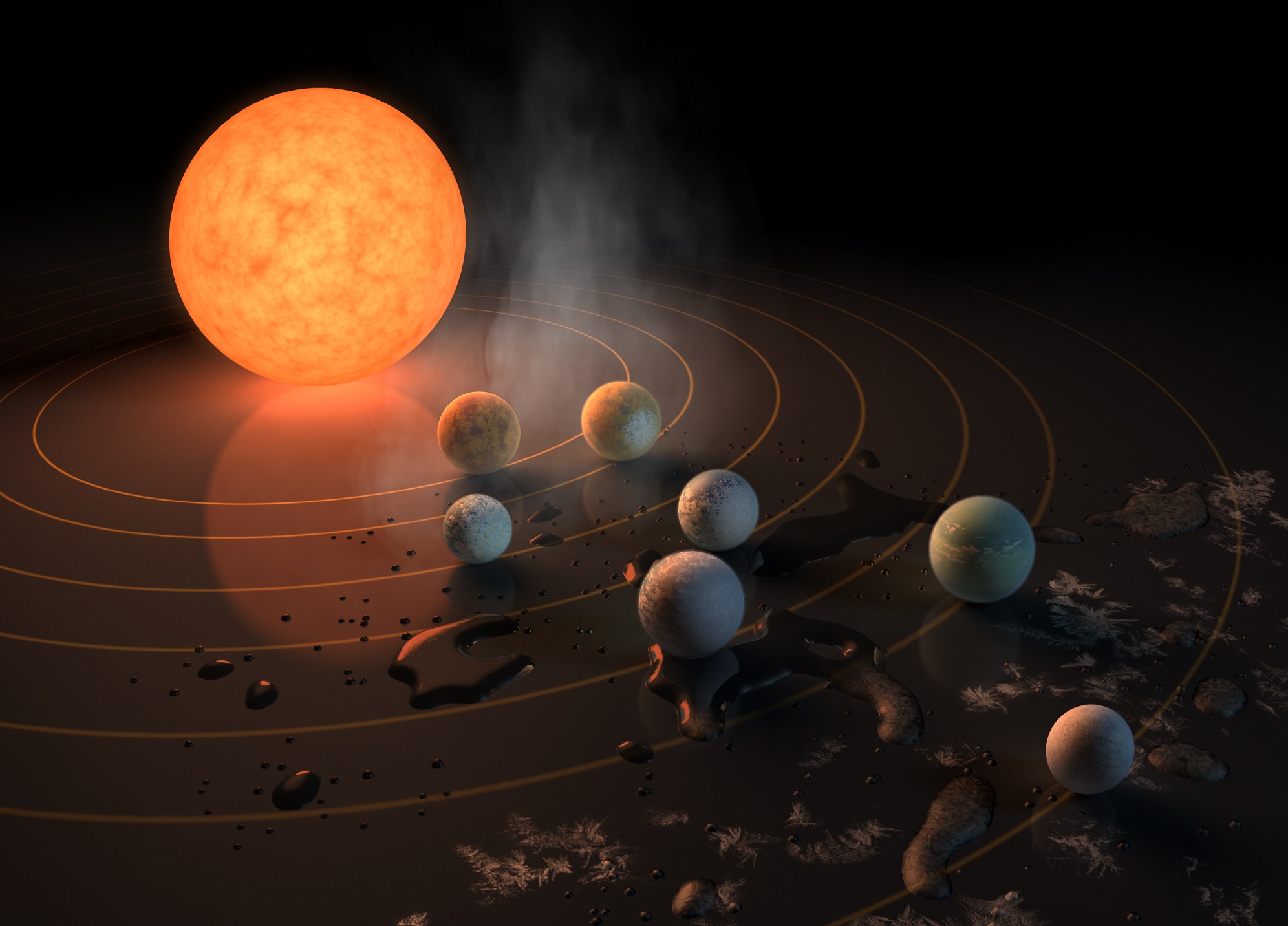 Artist's concept of the TRAPPIST-1 star system, an ultra-cool dwarf that has seven Earth-size planets orbiting it. We're going to keep finding more and more solar systemsl like this, but we need observatories like WFIRST, with starshades, to understand the planets better. Credits: NASA/JPL-Caltech
