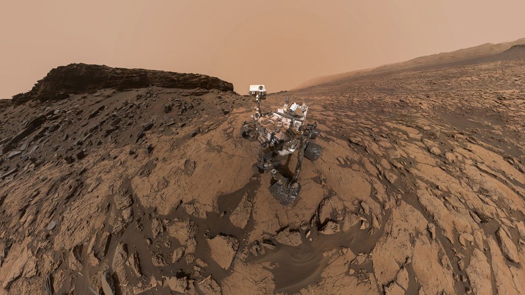Panoramic image of the Curiosity rover, from September 2016. The pale outline of Aeolis Mons can be seen in the distance. Credit: NASA/JPL-Caltech/MSSS