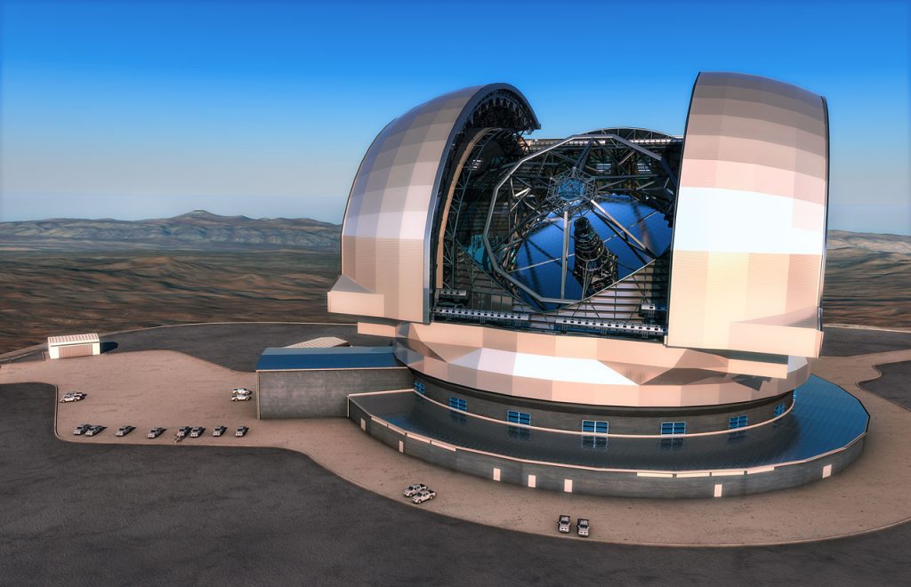 This artist's impression shows the European Extremely Large Telescope (E-ELT) in its cover.  E-ELT will be a 39-meter aperture optical and infrared telescope.  ESO/L. Calzada 
