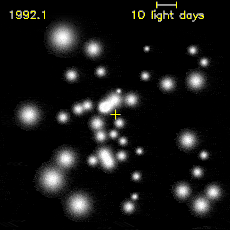 A time-lapse movie in infrared light detailing how stars in the central light-year of our Galaxy have moved over a period of 14 years. The yellow mark at the image center represents the location of Sgr A*, the central supermassive black hole. Credit: A. Eckart (U. Koeln) & R. Genzel (MPE-Garching), SHARP I, NTT, La Silla Obs., ESO