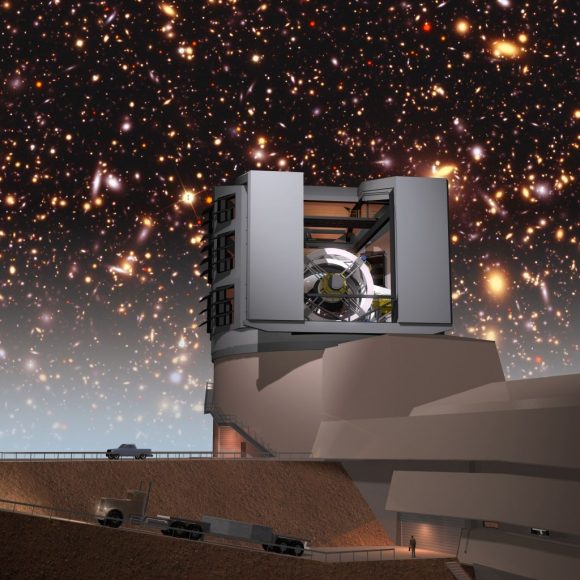 An artist's illustration of the Large Synoptic Survey Telescope with a simulated night sky. The team hopes to use the LSST to further refine their search for hard-surface supermassive objects. Image: Todd Mason, Mason Productions Inc. / LSST Corporation