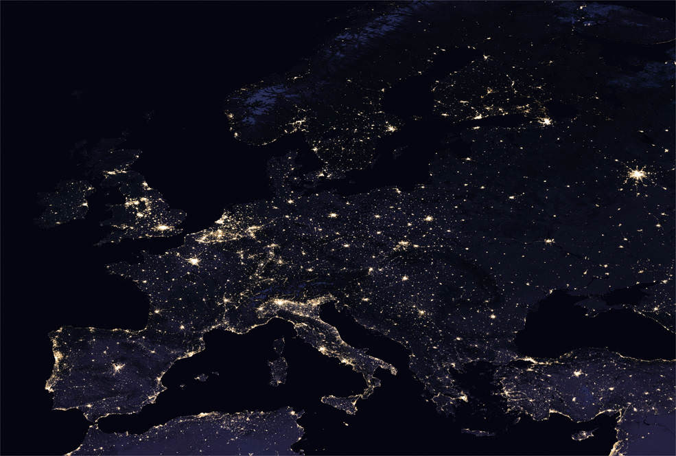 A glittering night-time map of Europe. Most of the lights in this image are streetlights, which make up the majority of light pollution. The atmosphere scatters the light, creating sky-glow. NASA Earth Observatory images by Joshua Stevens, using Suomi NPP VIIRS data from Miguel Román, NASA's Goddard Space Flight Center