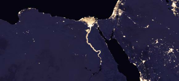 Composite image of Nile River and surrounding region at night, 2016. Credits: NASA Earth Observatory images by Joshua Stevens, using Suomi NPP VIIRS data from Miguel Román, NASA's Goddard Space Flight Center