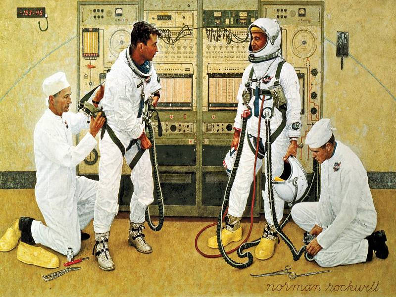 This Norman Rockwell painting is from 1965, and shows astronauts Gus Grissom and John Young suiting up for the first Gemini flight in March, 1965. NASA loaned Rockwell a spacesuit for the painting. Image: Norman Rockwell, NASA Art Program
