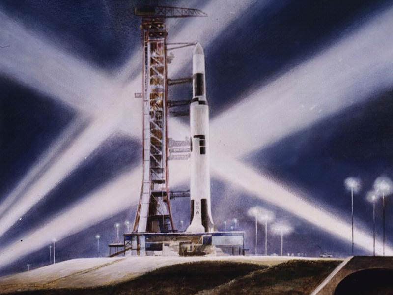 Artist Peter Hurd painted the launch of Skylab in 1973. Image Credit: Peter Hurd, Courtesy of National Air and Space Museum, Smithsonian Institution