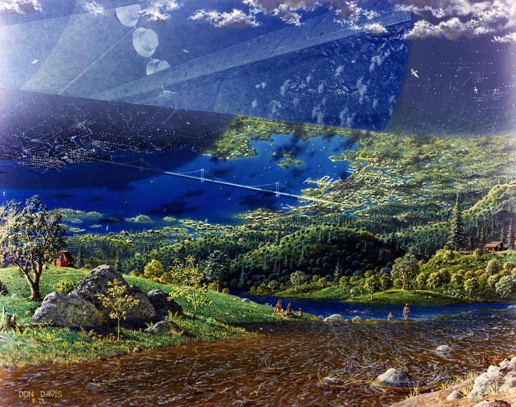 This piece by artist Don Davis depicts the end-cap of a cylindrical colony. Notice the suspension bridge, and people enjoying themselves by a river. Image: Don Davis, NASA Ames Research Center