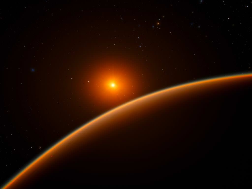 This artist's impression shows the super-Earth LHS 1140b, which orbits a red dwarf star 40 light-years from Earth and might be the new holder of the title 