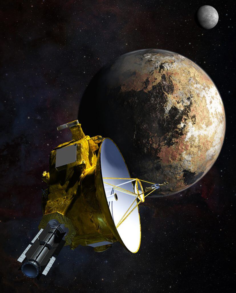 Artist's impression of New Horizons' close encounter with the Pluto–Charon system. Look how large the antenna looms. Credit: NASA/JHU APL/SwRI/Steve Gribben