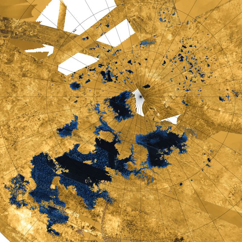 Map of Titan’s northern region of hydrocarbon ‘seas’ of methane and ethane, created from Cassini radar imaging. Credit: NASA/JPL/USGS.