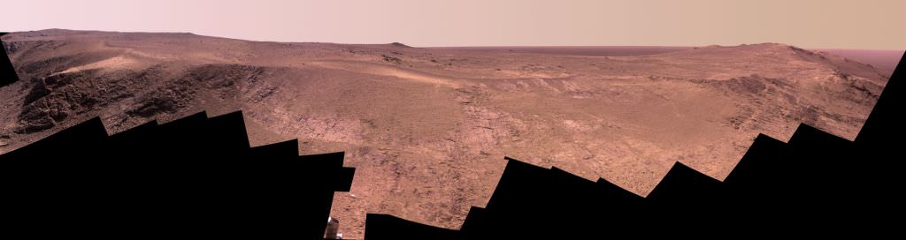 Opportunity took this panorama shot of "Rocheport Ridge" as it left Cape Tribulation. Rocheport is on the southern end of Cape Tribulation. Image:NASA/JPL-Caltech/Cornell Univ./Arizona State Univ.