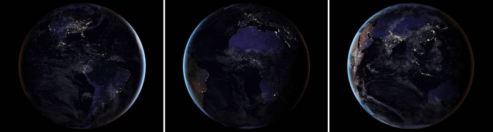 These three composite images provide full-hemisphere views of Earth at night. The clouds and sun glint — added here for aesthetic effect — are derived from MODIS instrument land surface and cloud cover products. Credits: NASA Earth Observatory images by Joshua Stevens, using Suomi NPP VIIRS data from Miguel Román, NASA's Goddard Space Flight Center