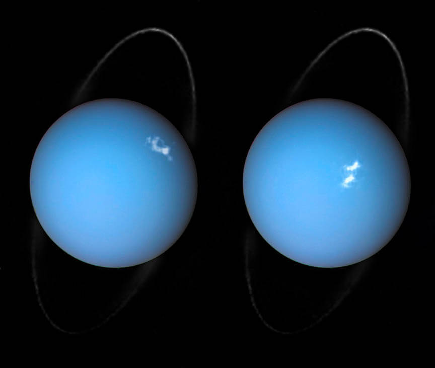 This is a composite image of Uranus by Voyager 2 and two different observations made by Hubble — one for the ring and one for the auroras. These auroras occurred in the planet's southern latitudes near the planet's south magnetic pole. Like Jupiter and Saturn, hydrogen atoms excited by blasts of the solar wind are the cause for the glowing white patches seen in both photos.