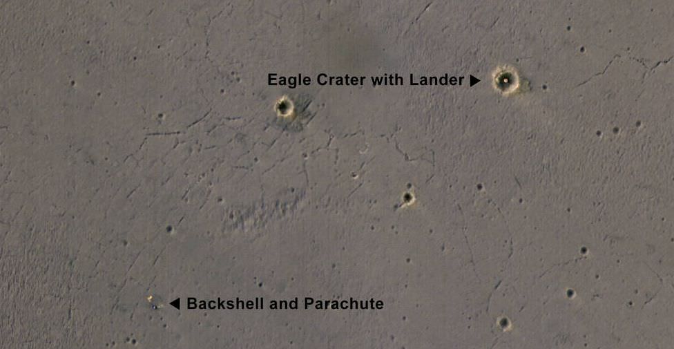 This image taken by the Mars Reconnaissance Orbiter's HiRise camera shows the bright landing platform left behind by NASA's Mars Exploration Rover Opportunity when it landed in 2004. Opportunity landed on the surface of Mars and then bounced and tumbled into the Eagle Crater. The image was taken on April 8, 2017. Image: NASA/JPL-Caltech/Univ. of Arizona
