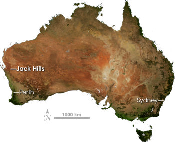 The Jack Hills in Western Australia contain the oldest rocks known to exist on Earth. A team studying them concludes that early Earth was mostly a water world. By NASA Earth Observatory - http://earthobservatory.nasa.gov/Study/Zircon/zircon.html, Public Domain, https://commons.wikimedia.org/w/index.php?curid=738512