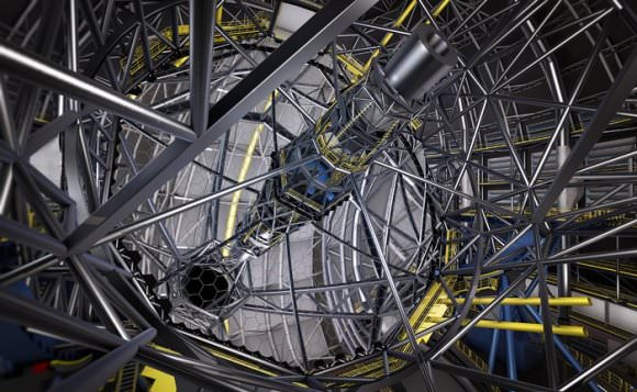 This artist's rendering shows the huge segmented primary mirror of the ESO Extremely Large Telescope (ELT). Contracts for the manufacture of the mirror segments were signed on 30 May 2017. Image: ESO/L. Calcada