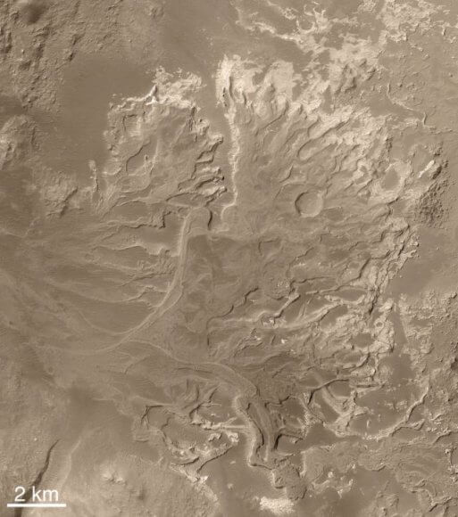 The Eberswalde delta near Holden Crater on Mars is considered the 'smoking gun' for evidence of liquid water on Mars. By NASA/JPL/Malin Space Science Systems 