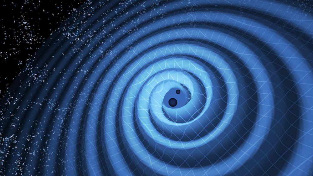 This illustration shows the merger of two black holes and the gravitational waves that ripple outward as the black holes spiral toward each other. Could black holes like these (which represent those detected by LIGO on Dec. 26, 2015) collide in the dusty disk around a quasar's supermassive black hole explain gravitational waves, too? Credit: LIGO/T. Pyle