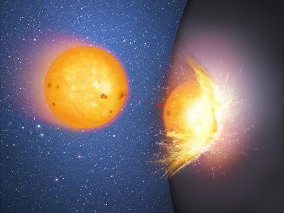 This is the first in a sequence of two artist's impressions that shows a huge, massive sphere in the center of a galaxy, rather than a supermassive black hole. Here a star moves towards and then smashes into the hard surface of the sphere, flinging out debris. The impact heats up the site of the collision. Image: Mark A. Garlick/CfA