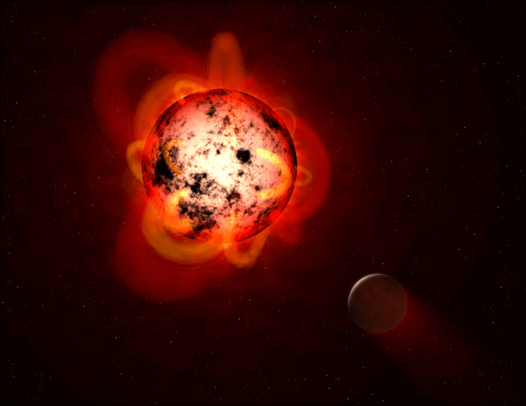 Artist's impression of a flaring red dwarf star orbited by an exoplanet. Red dwarfs are known for powerful flaring that can make planets uninhabitable even if they're in the star's habitable zone. Credit: NASA, ESA, and G. Bacon (STScI) 