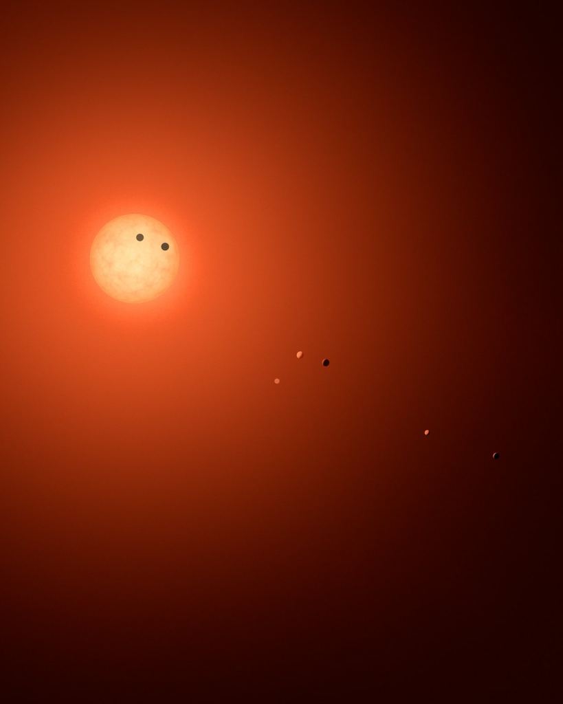 Red dwarfs host more small planets than other types of stars. This is an artist’s impression of the TRAPPIST-1 system, showcasing all seven planets in various phases. Image Credit:  NASA/JPL-Caltech