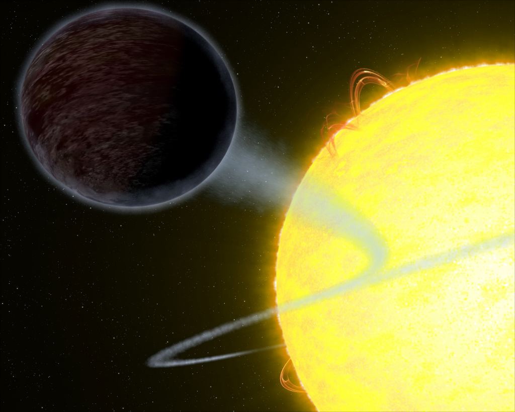 Illustration showing one of the darkest known exoplanets - an alien world as black as fresh asphalt - orbiting a star like our Sun. The day side of the planet, called WASP-12b, eats light rather than reflects it into space. Astronomers think that the planet's high carbon content plays a role in its low albedo. Credit: NASA, ESA, and G. Bacon (STScI)