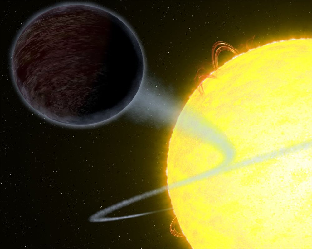 Illustration showing one of the darkest known exoplanets - a hot Jupiter as black as fresh asphalt - orbiting a star like our Sun. The day side of the planet, called WASP-12b, eats light rather than reflects it into space. Something is pulling this planet into its star. Credit: NASA, ESA, and G. Bacon (STScI)