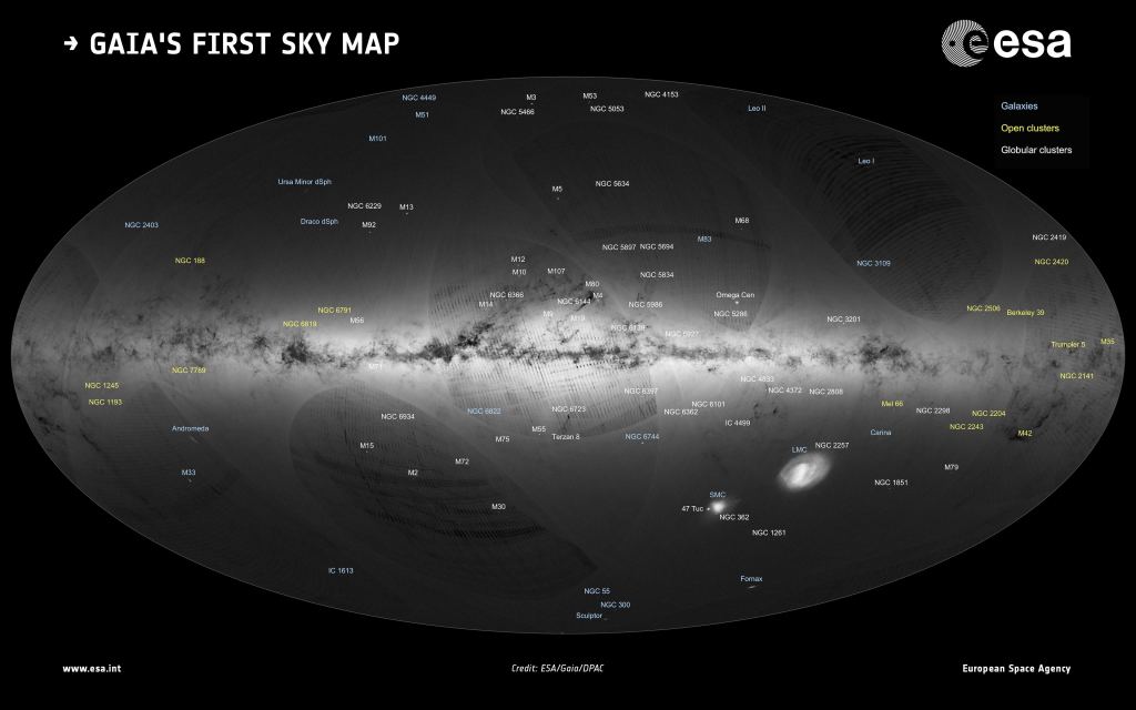 An all-sky view of stars in our Galaxy – the Milky Way – and neighbouring galaxies, based on the first year of observations from ESA's Gaia satellite, from July 2014 to September 2015.
This map shows the density of stars observed by Gaia in each portion of the sky. Brighter regions indicate denser concentrations of stars, while darker regions correspond to patches of the sky where fewer stars are observed. The two large white patches below and to the right are the Large and Small Magellanic Clouds. Credit: ESA / Gaia / DPAC / A. Moitinho & M. Barros, CENTRA – University of Lisbon.
