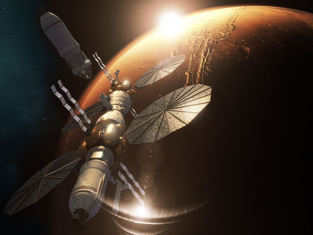 rtist's impression of the Mars Base Camp in orbit around Mars. When missions to Mars begin, one of the greatest risks will be that posed by space radiation. The effect radiation will have on human reproduction is still unknown. Credit: Lockheed Martin