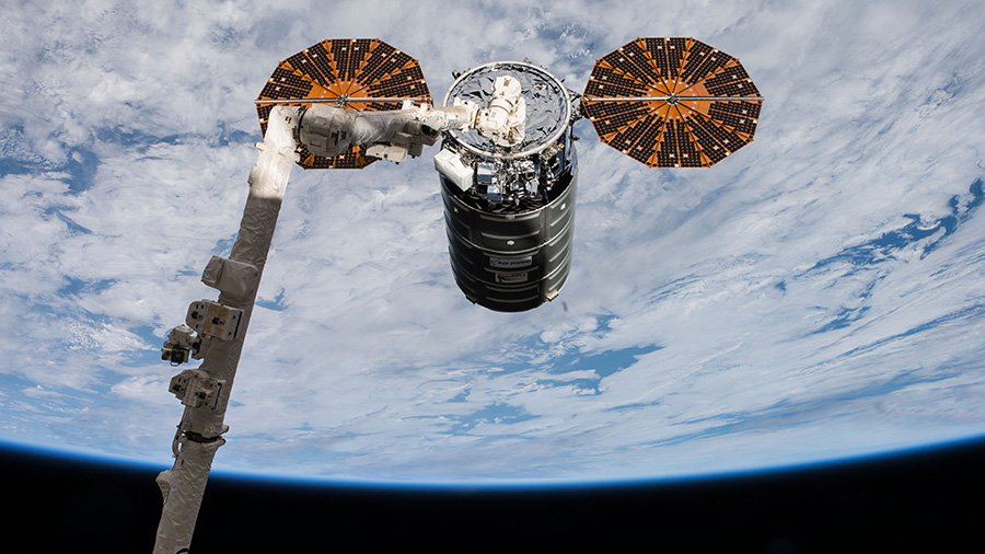 The Orbital ATK Cygnus OA-8 spacecraft is pictured after it had been grappled with the Canadarm2 robotic arm by astronauts Paolo Nespoli and Randy Bresnik on Nov. 14, 2017.  Credit: NASA