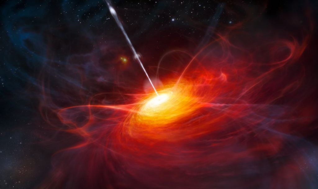Mākslinieka atveidojums ULAS J1120+0641 — ļoti attāls kvazārs, kuru darbina melnais caurums, kas divus miljardus reižu pārsniedz mūsu Saules masu.  Kredīts: ESO/M.  graudu nazis