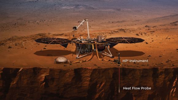 In this image, the Heat Flow and Physical Properties Probe is shown inserted into Mars. Image: NASA