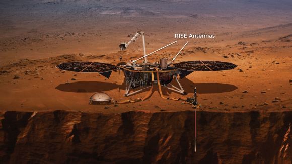 The two RISE antennae are shown in this image. RISE will reveal information about the Martian core by tracking InSight's position while Mars orbits the Sun. Image: NASA/Lockheed Martin
