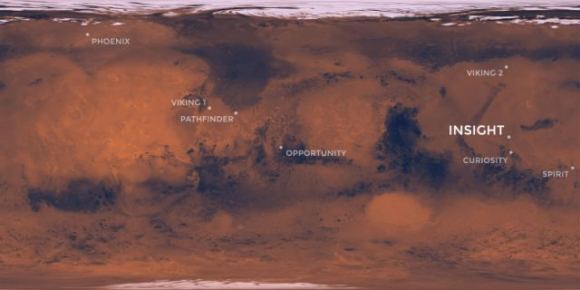 InSight will land at Elysium Planitia, just north of the Martian equator. Image: NASA/JPL-CalTech
