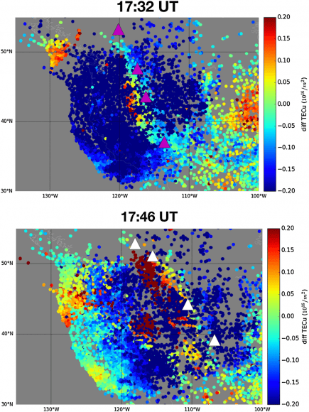 This image of GNSS data shows the positive Travelling Ionospheric Disturbance (TID) structure in the center of the primary TEC depleted region. The triangles mark cities in or near the Rocky Mountains. Image: Coster et. al. 