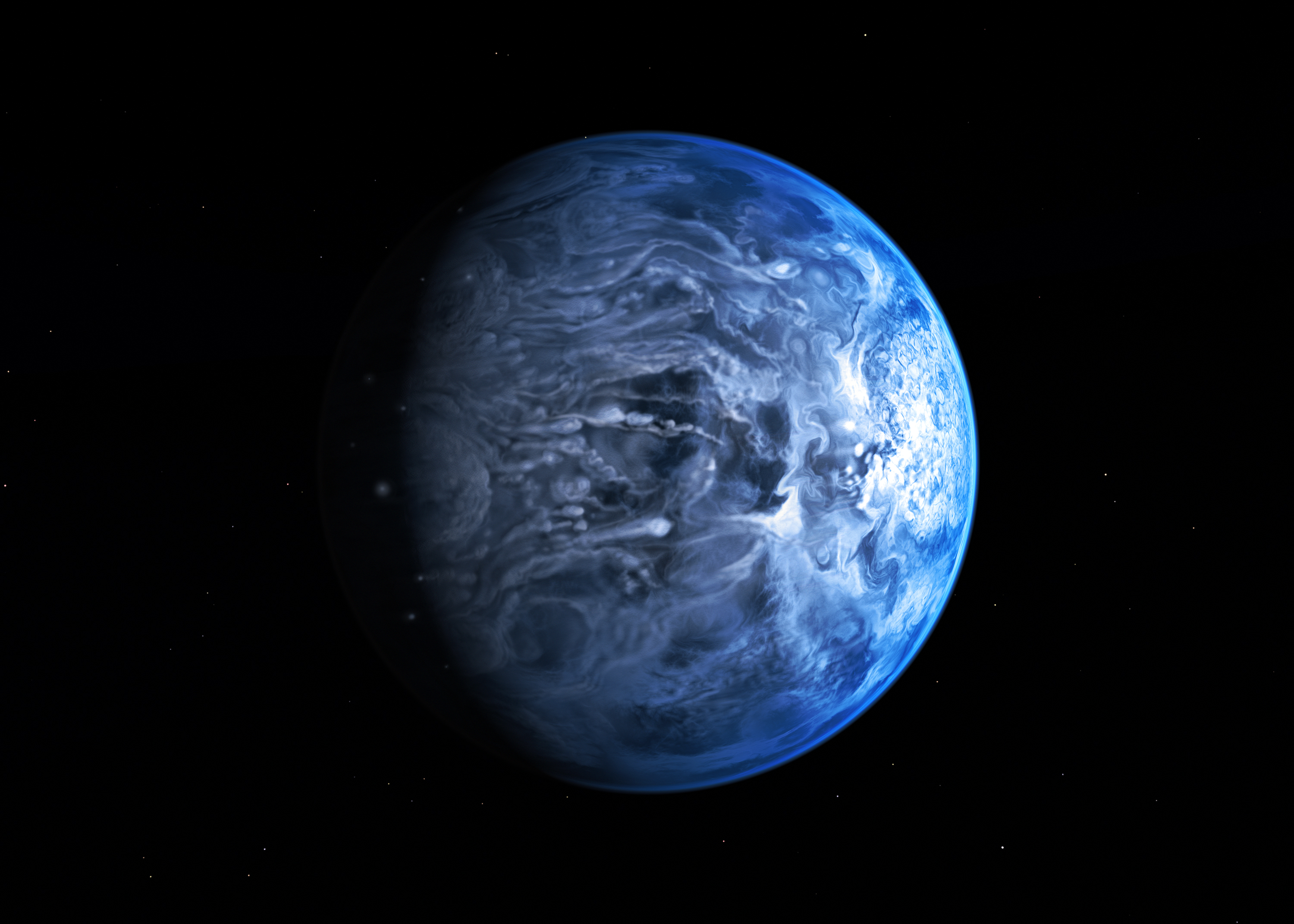 An artist's interpretation of HD 189733. It looks nice and blue, but it's actually a nightmare world that could be raining glass with 2 km/s winds. Credit: ESO/M. Kornmesser