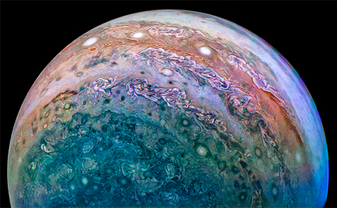 Jupiter probably formed in the outer Solar System, then migrated closer to the Sun, before ending in its current orbit. South Pole of Jupiter, taken during a passage from Juno, December 16, 2017. Photo credit: NASA / JPL-Caltech / SwRI / MSSS / David Marriott