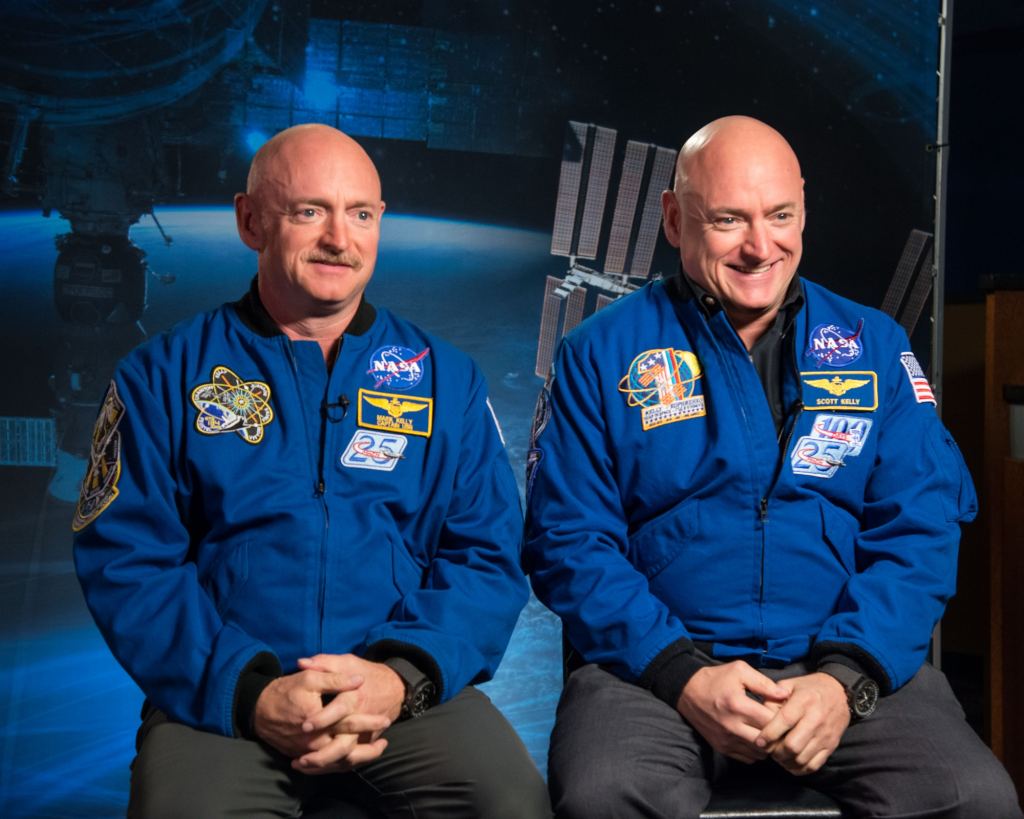 Identical twin astronauts, Scott and Mark Kelly, are subjects of NASA’s Twins Study. Scott (right) spent a year in space while Mark (left) stayed on Earth as a control subject. Researchers looked at the effects of space travel on the human body. Credit: NASA