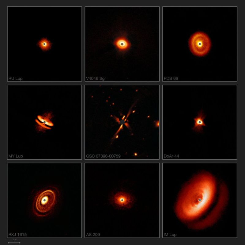 The SPHERE instrument on the ESO's Very Large Telescope has captured a collection of images of circumstellar disks around young stars. The detail in the images is greater than any previous images, and reveals a stunning variety of shapes and sizes. Image: ESO/H. Avenhaus et al./E. Sissa et al./DARTT-S and SHINE collaborations