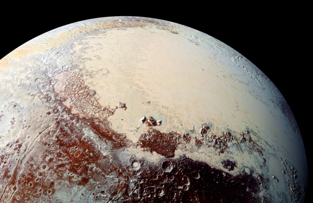 NASA's New Horizons spacecraft captured this image of Sputnik Planitia — a glacial expanse rich in nitrogen, carbon monoxide and methane ices — that forms the left lobe of a heart-shaped feature on Pluto’s surface. Credit: NASA/Johns Hopkins University Applied Physics Laboratory/Southwest Research Institute