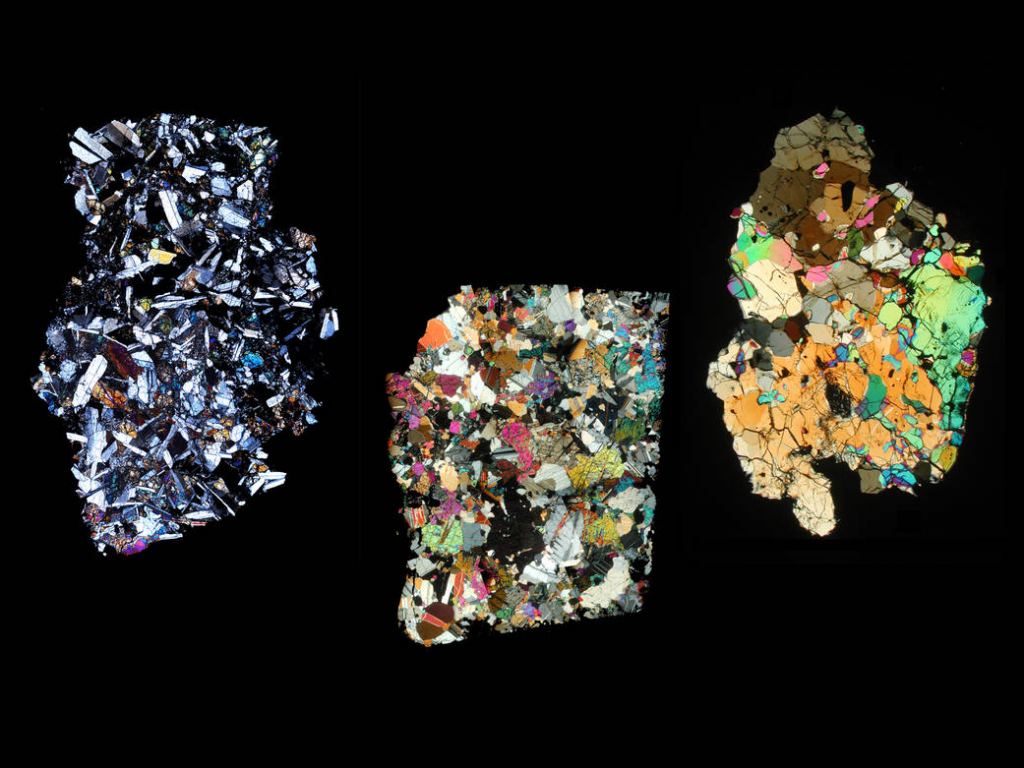 Meteorites recovered on Earth, courtesy of 4 Vesta. These are images from a separate study into Vesta. A polarized microscope made minerals appear in different colors. Credit: NASA/University of Tennessee.