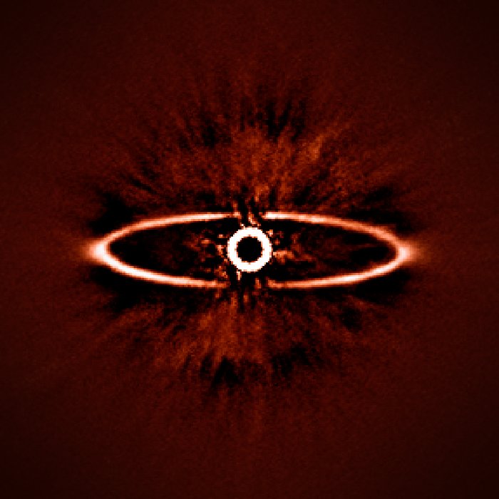 This infrared image shows the dust ring around the nearby star HR 4796A in the southern constellation of Centaurus. It was one of the first produced by the SPHERE instrument soon after it was installed on ESO’s Very Large Telescope in May 2014. It shows not only the ring itself with great clarity, but also reveals the power of SPHERE to reduce the glare from the very bright star — the key to finding and studying exoplanets in future.