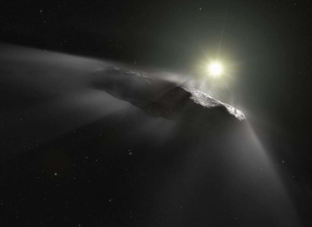 Artist’s impression of the interstellar object, `Oumuamua, experiencing outgassing as it leaves our Solar System. Credit: ESA/Hubble, NASA, ESO, M. Kornmesser