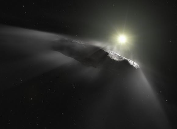 Artist’s impression of the interstellar object, `Oumuamua, experiencing outgassing as it leaves our Solar System. Evidence points to its origin as an asteroid from another system, not necessarily an alien seeking first contact. Credit: ESA/Hubble, NASA, ESO, M. Kornmesser