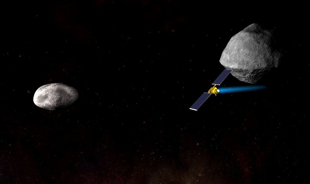 Artist’s impression of NASA’s Double Asteroid Redirection Test (DART) spacecraft speeding toward the smaller of the two bodies in the Didymos asteroid system. Credit: NASA/Johns Hopkins University Applied Physics Laboratory