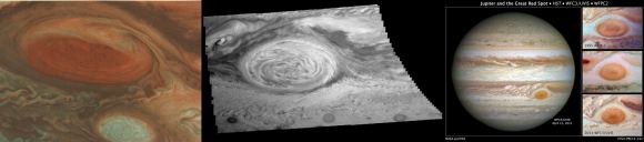 Images of Jupiter's Great Red Spot have gotten better over the decades. On the left is an image from the Voyager mission, middle is an image from the Galileo mission, and on the right is a Hubble Space Telescope Image. Image: NASA/ESA/Evan Gough