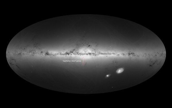 The Sagittarius dwarf galaxy in Gaia's all-sky view. A galactic collision between Sagittarius and the Milky Way is revealed in the data from Gaia. Credit: ESA/Gaia/