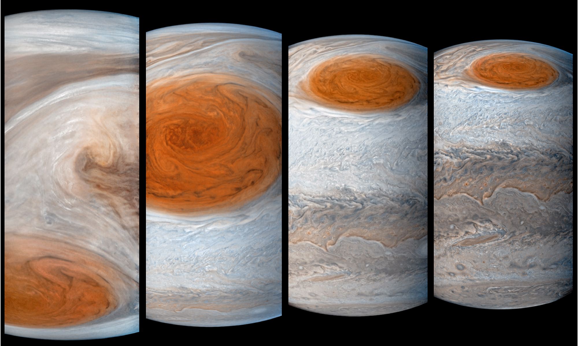 JunoCam captured these images of the Great Red Spot during the July 2017 fly-by of Jupiter. The composite images provide a richly-detailed look at the storm. Image: Sánchez-Lavega et al. 2018; composed by G. Eichstadt and J. Cowart